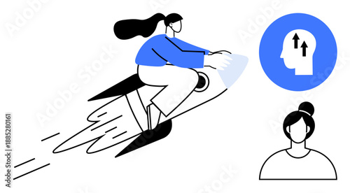 Growth concept. A woman riding a rocket ambition and fast progress. Growth with icons for self-improvement and aspirations. For business, career, success, innovation, education