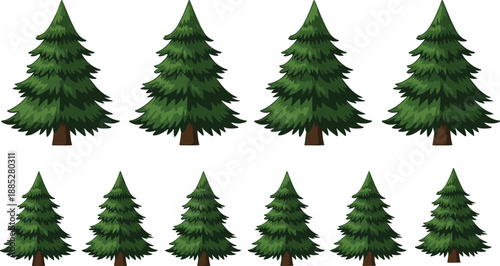 Cartoon evergreen tree illustration set, green forest vector graphics, nature foliage icons, layered pine trees for outdoor, educational, and decorative design