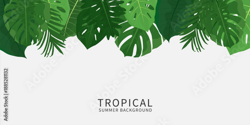 tropical jungle horizontal, banner template for summer season. nature background featuring tropical hibiscus flowers and palm leaves with a summer vibe for celebration, ads, branding, banner, cover, 