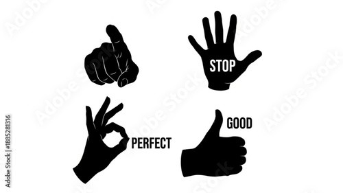 Four Hand Gestures Showing Stop Perfect Good and Okay Signs.