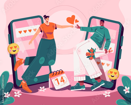 Flat vector illustration of a romantic couple connecting through mobile dating apps, exchanging hearts and flowers on Valentine’s Day. Modern love concept with smartphones, emojis