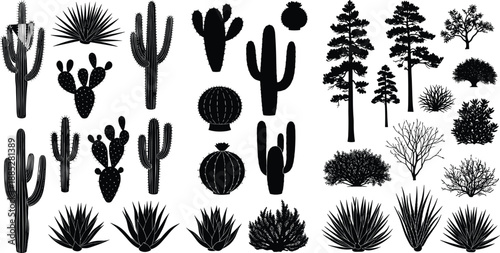Desert and forest plant silhouette set, black botanical vector collection, cactus, tree, shrub illustrations for nature, landscape, and design use