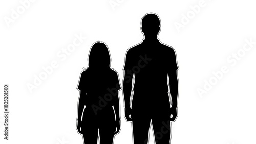 Two Silhouettes Standing Together Against White Background.