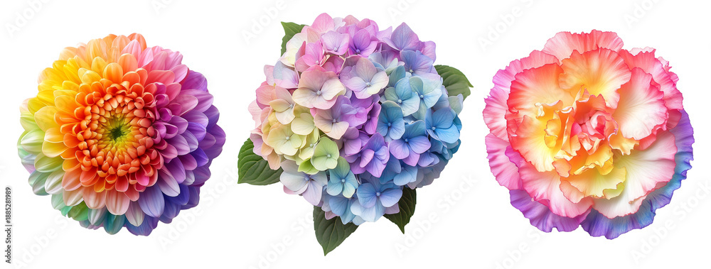 Obraz premium Collection of rainbow-colored flowers objects on transparent PNG background.