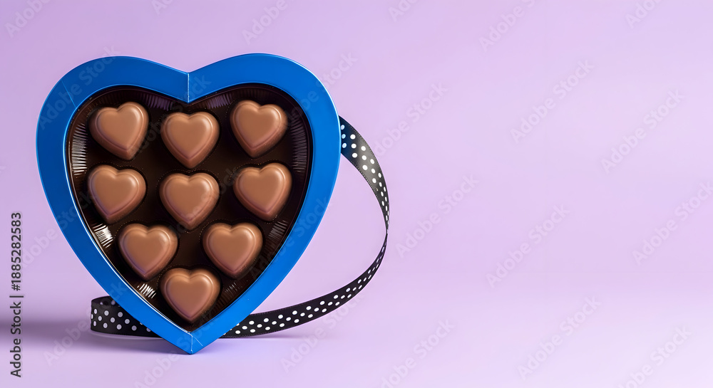 Obraz premium Heart shaped blue box of assorted chocolates on purple background with ribbon