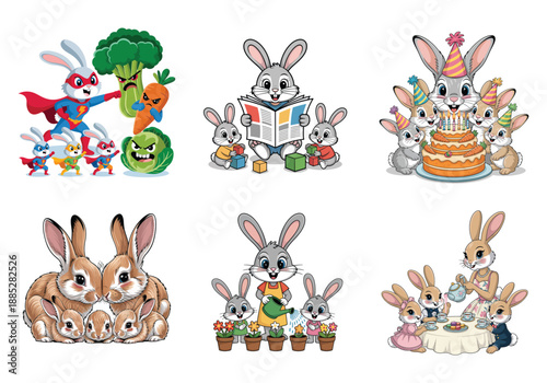 Cartoon bunnies celebrating holidays and enjoying activities with vegetables bunny rabbit