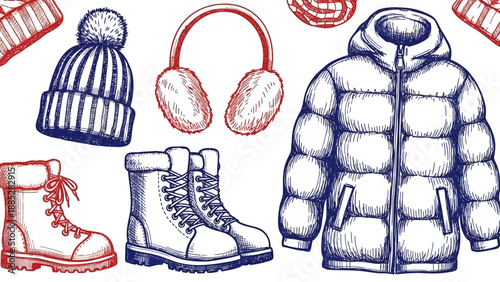 Winter Clothing and Accessories Hand-Drawn Sketch Collection.