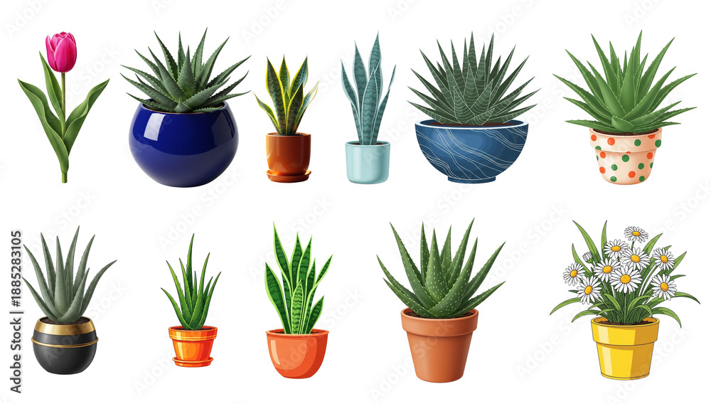 Obraz premium Collection of various potted succulents and aloe vera plants in colorful ceramic pots