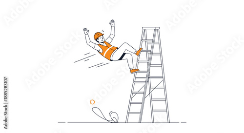 Construction worker in safety vest and helmet falling from high ladder representing occupational hazard and workplace accident.