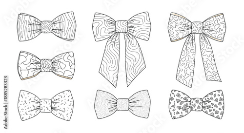 Set of hand drawn bow ties in various shapes and patterns including camouflage polka dots and stripes for men's fashion.