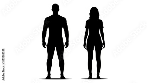 Male and Female Silhouettes Standing Together Isolated on White Background.