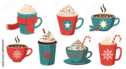 Collection of winter hot chocolate and coffee mugs decorated with whipped cream candy canes scarves and holiday patterns.