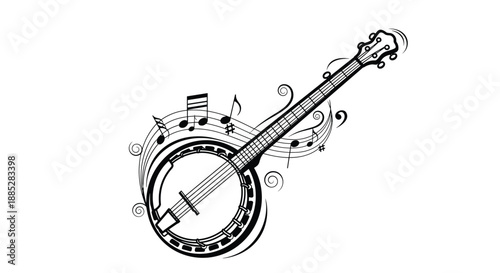 Banjo musical instrument illustration surrounded by flowing musical notes and swirls in a dynamic black and white composition.