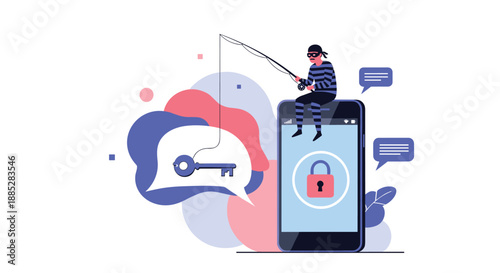 Cyber security concept featuring a digital thief sitting on top of a mobile phone while using a fishing rod to steal a key from a chat bubble.