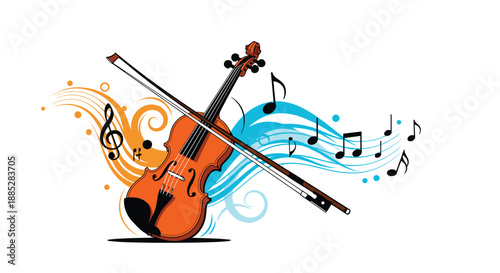 Classical violin and bow shown with vibrant abstract musical waves and floating notes in blue and orange colors representing a dynamic performance.