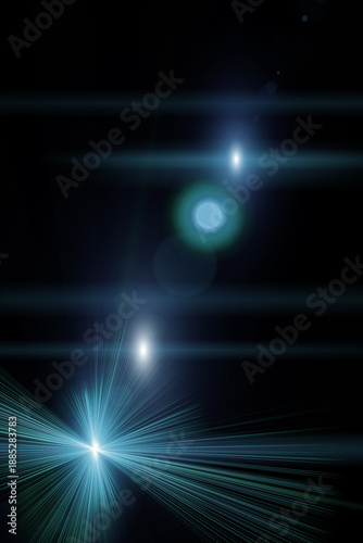 Abstract sun burst, digital flare, iridescent glare over black background.