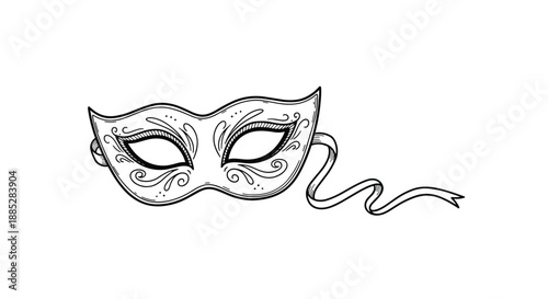 Detailed hand-drawn masquerade mask with ornate decorative patterns and a flowing ribbon for carnival, ball, or theater performance concepts.