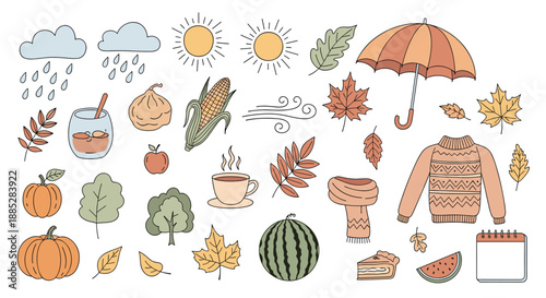 Charming collection of autumn-themed icons including colorful leaves, pumpkins, corn, warm sweaters, and hot drinks for seasonal fall promotions.