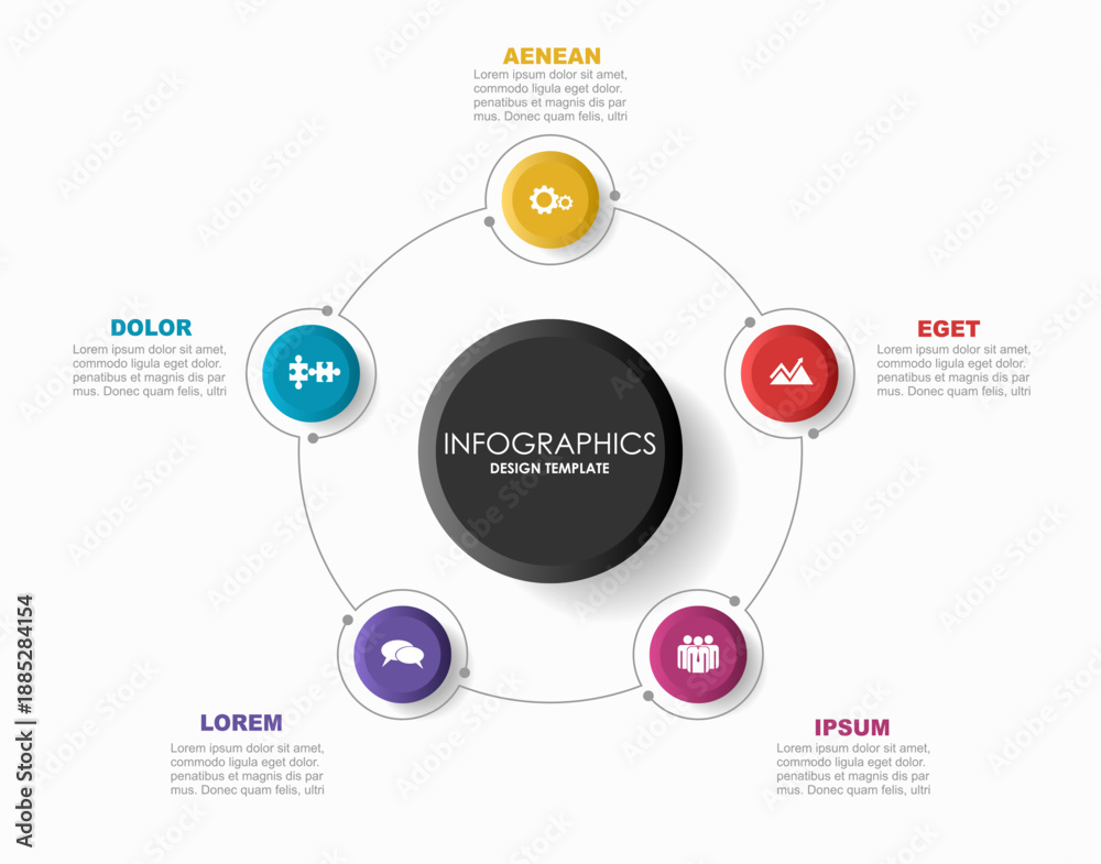 Obraz premium Circular infographic with five labeled segments, ideal for presenting structured data or concepts in a visual format. Vector illustration.