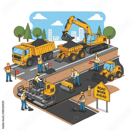 Isometric Road Construction and Paving Illustration. Workers using Dump Trucks, Excavator, and Paver to Repair City Street Infrastructure.
