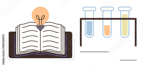 Education, scientific discovery, innovation, research, knowledge, creative ideas. Open book with light bulb and test tubes on white background. Education and creativity concepts