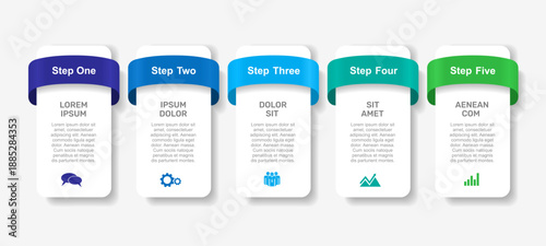 Modern 5-step infographic with gradient ribbons, icons, and text blocks perfect for business processes, presentations, or educational content. Vector illustration.