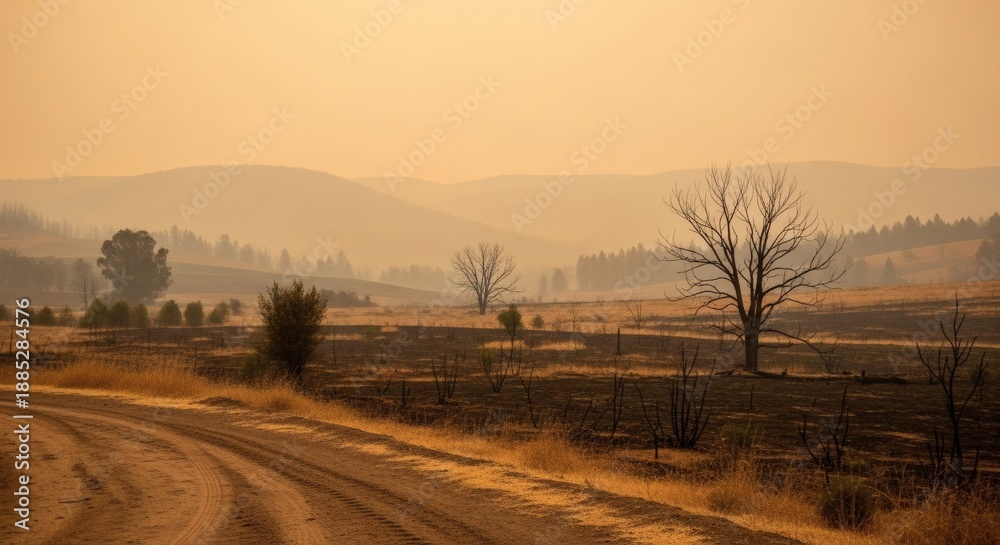 Obraz premium A dusty rural road with a barren tree and fence under a hazy orange sky indicating pre-disaster conditions and environmental risk. Perfect for public safety, community impact, and early