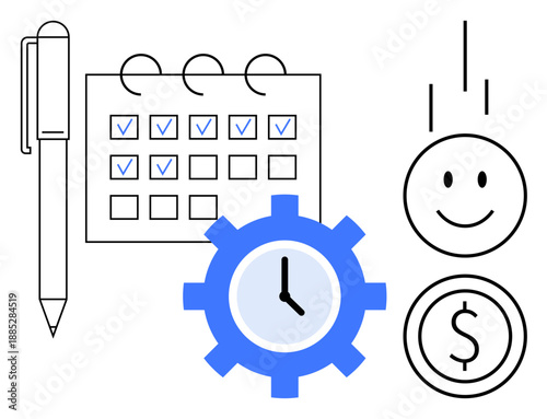 Time management concept. Time management with calendar checklist, clock, and financial icons. Time management for productivity, scheduling, financial planning, and workflows
