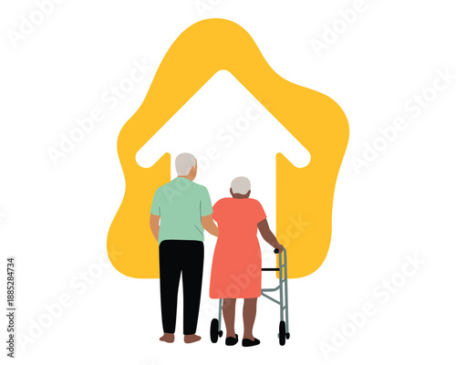 Elderly couple standing before home symbol senior care 