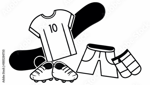 Illustration of soccer jersey, shorts, socks, and cleats arranged together on a clean background from a straightforward viewpoint