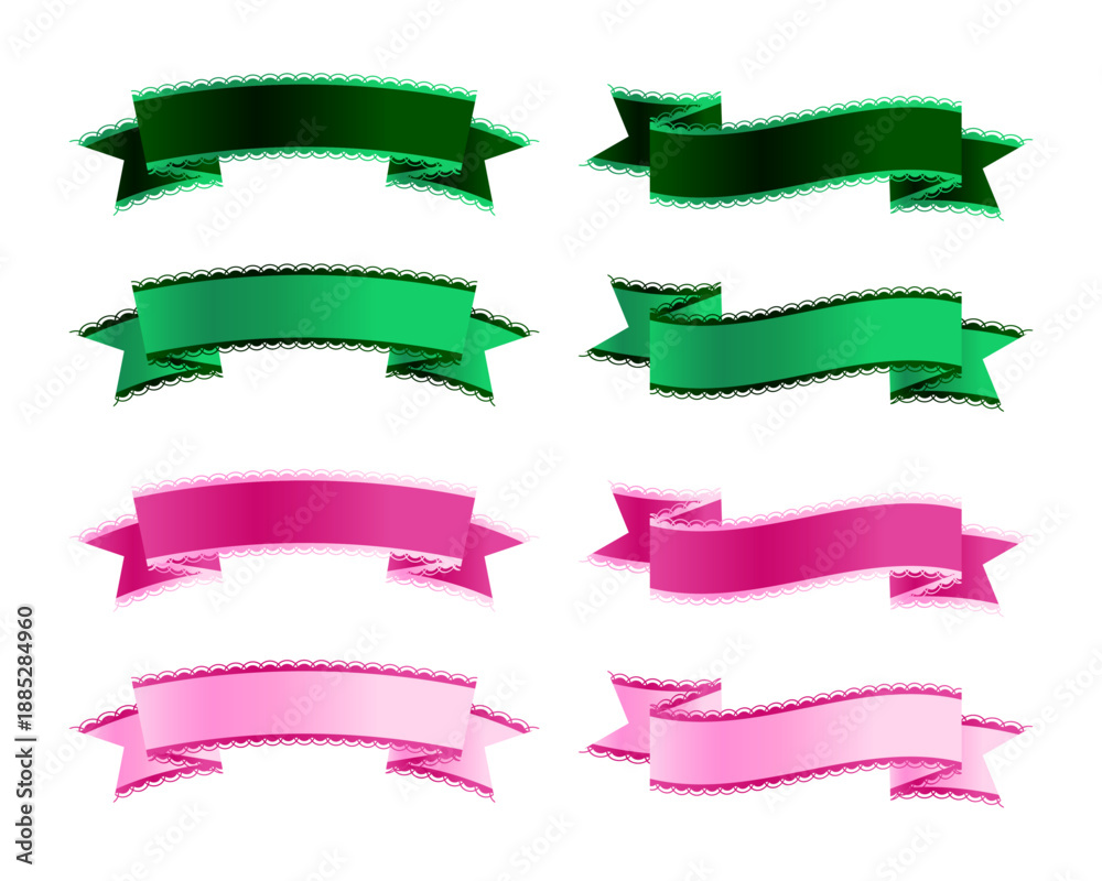 Obraz premium レースの縁飾りが付いたピンクとグリーンのリボンバナーセット。ギフトラッピング、メッセージカード、販促用ラベルに最適なエレガントな素材。