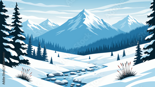 Vector illustration of a serene winter mountain landscape with a frozen stream and snow-covered trees