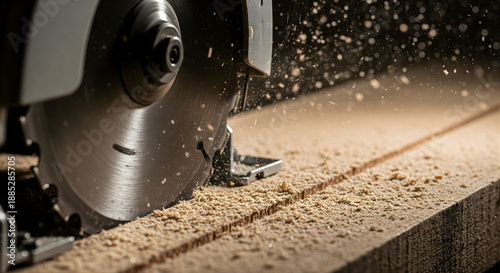 Circular saw blade cutting wood board with flying sawdust in carpentry workshop representing professional woodworking construction industry timber processing and manual craftsmanship detail view