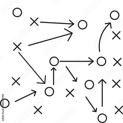 American football strategy diagram with arrows and symbols on white background for planning and teamwork