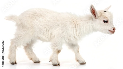 Cute young baby goat and fluffy white kitten are adorable domestic farm animals and pets with soft fur isolated on a white background