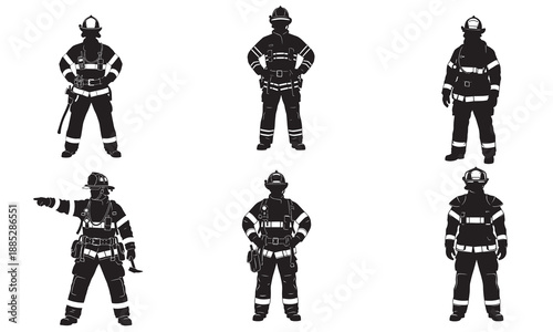 Silhouettes of firefighters in protective gear, one pointing, others standing ready.