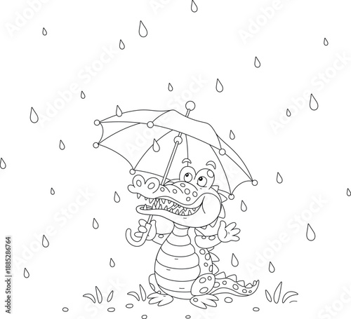 Happy crocodile watching falling small droplets of a summer rain under a beautiful toy umbrella on a nice rainy day, vector cartoon illustration on a white background