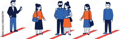Social distancing illustration, masked people, COVID-19 safety, red lines spacing, business attire, flat vector illustration, public health awareness