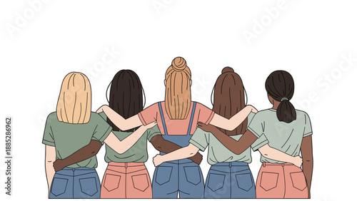 Unified sisterhood of diverse women linking arms, seen from the back in a minimalist vector illustration on a white background.