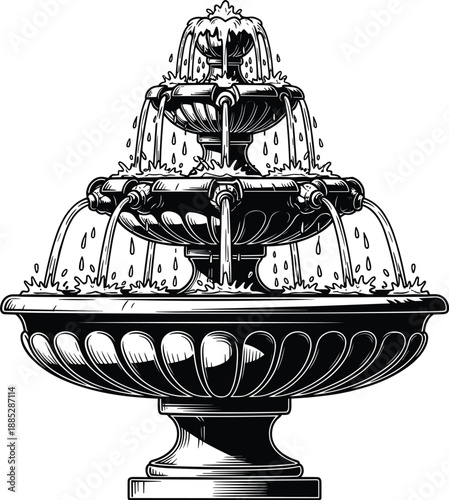 Black and white tiered water fountain, ornate base, cascading streams, elegant outdoor decor, vintage sketch style, flat vector illustration