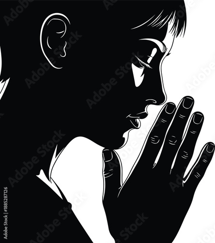 Praying woman silhouette in deep contemplation, spiritual faith concept, emotional profile portrait, hope meditation scene, religious belief illustration isolated
