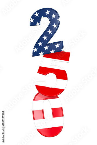 vertical Text 250 in the colors of the USA to celebrate 250 years of independence - 3D rendering on white background