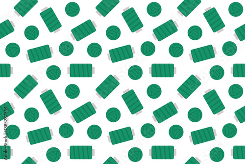 Seamless sewing pattern with green thread spools and yarn balls. Vector tailor craft elements for needlework, dressmaking, textile industry, hobby shop branding, and DIY fabric prints