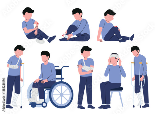 Injured People Set with Various Accidents, Bandages, Crutches and Wheelchair Vector Illustration