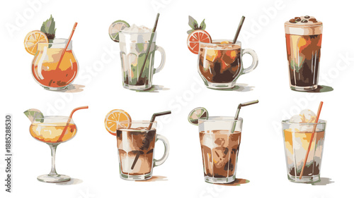 Collection of Refreshing Watercolor Cocktails and Drinks.