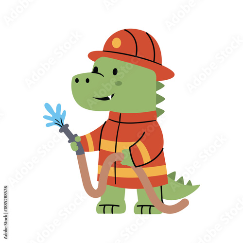 Cute Crocodile Firefighter with Hose Vector Illustration