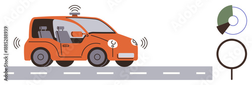 Smart transportation, autonomous driving, technology innovation, mobility solutions, data-driven analytics, future vehicles. Orange driverless car on road, wireless icons. Smart transportation
