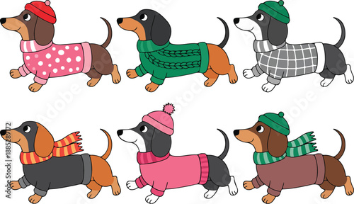 Cute Vector Set of Dachshund Dogs Wearing Cozy Winter Clothes, Including Knitted Sweaters, Scarves, Berets, and Hats, Posing Happily in a Playful Cartoon