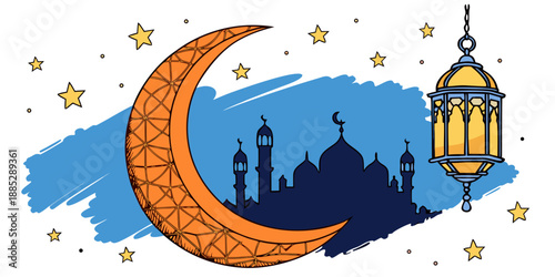 Ramadan Kareem Illustration with Crescent Moon, Mosque, and Lantern