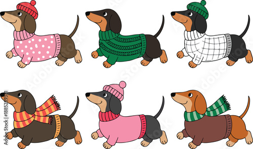 Cute Vector Set of Dachshund Dogs Wearing Cozy Winter Clothes, Including Knitted Sweaters, Scarves, Berets, and Hats, Posing Happily in a Playful Cartoon